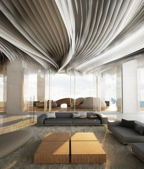 Salón de lujo con techo ondulado paramétrico blanco, sofás grises y mesas de madera en un espacio amplio y luminoso