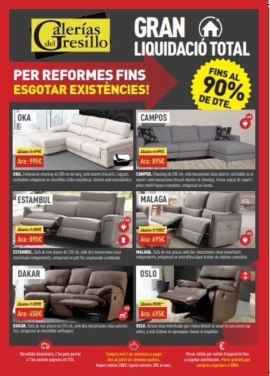 Folleto de Galerías del Tresillo con ofertas en sofás y sillones por liquidación total con hasta un 90% de descuento.